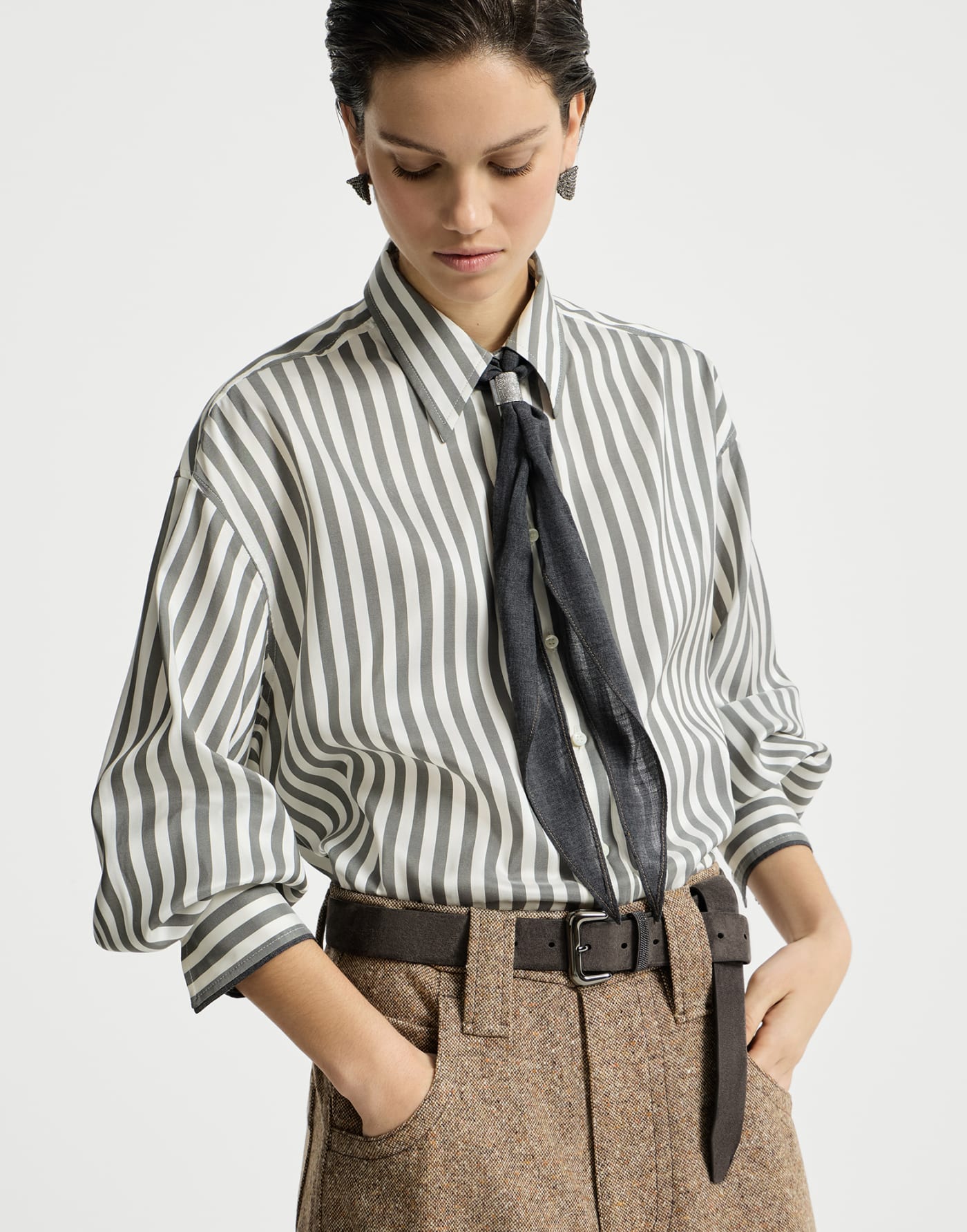 Poplin shirt with foulard Green Woman - Brunello Cucinelli