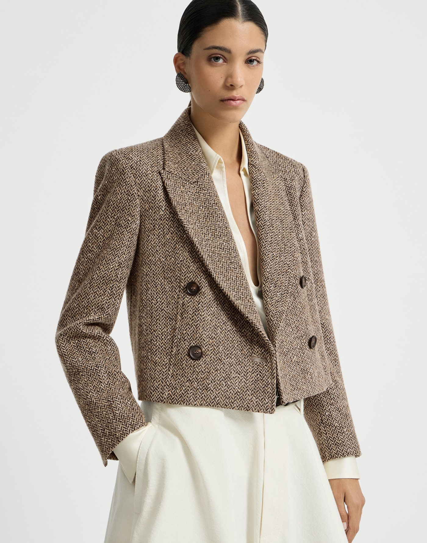Пиджак Crop из ткани в елочку Sparkling Светло-Коричневый Женщина - Brunello Cucinelli