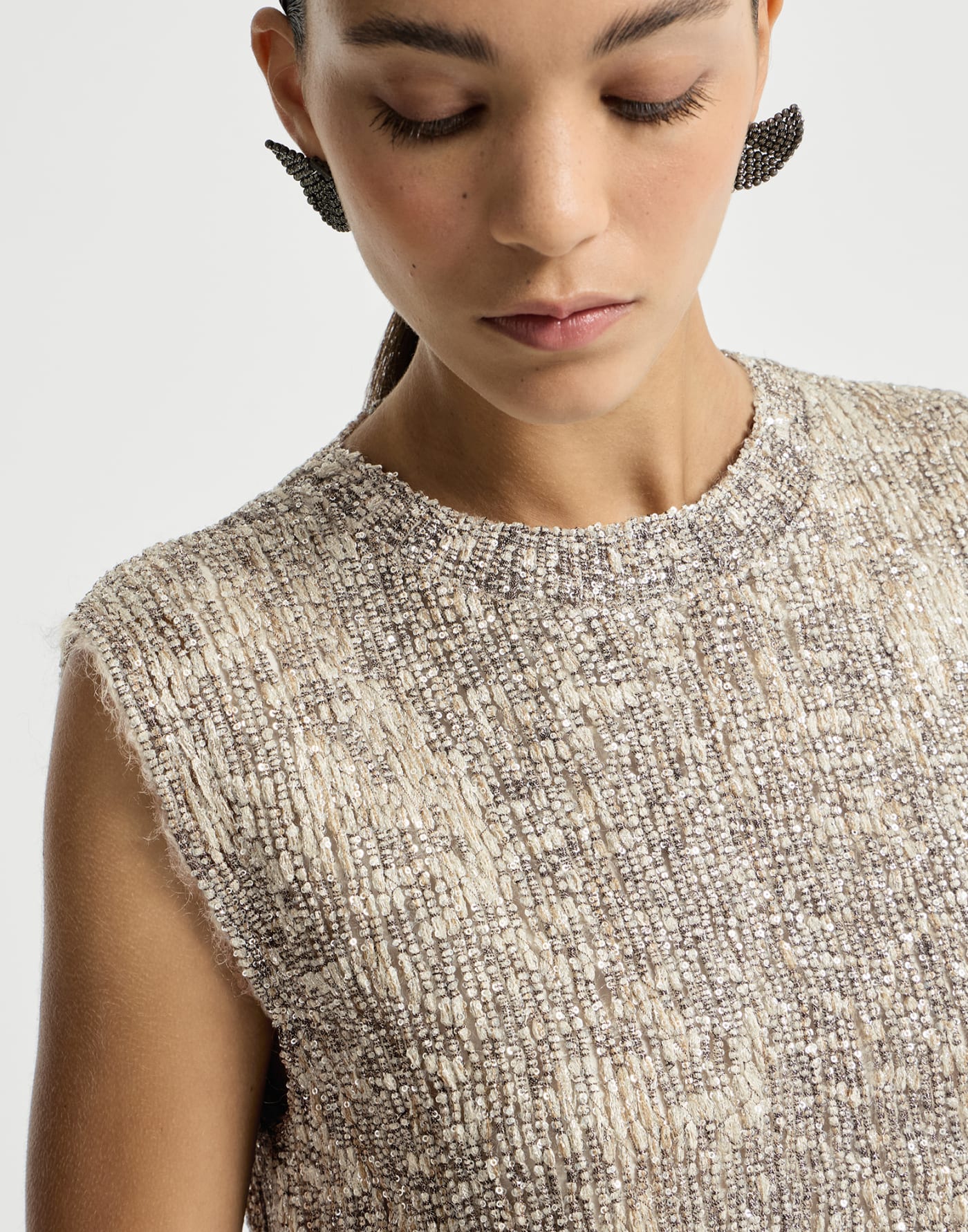 Dazzling Craquelé Embroidery Mini dress Silver Woman - Brunello Cucinelli
