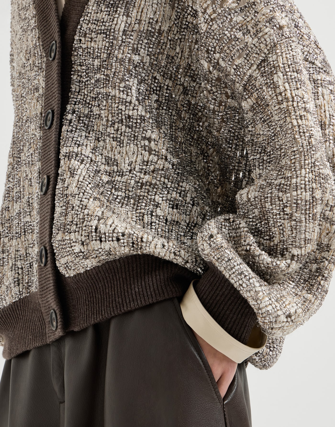 Dazzling Craquelé Embroidery Cardigan Silver Woman - Brunello Cucinelli