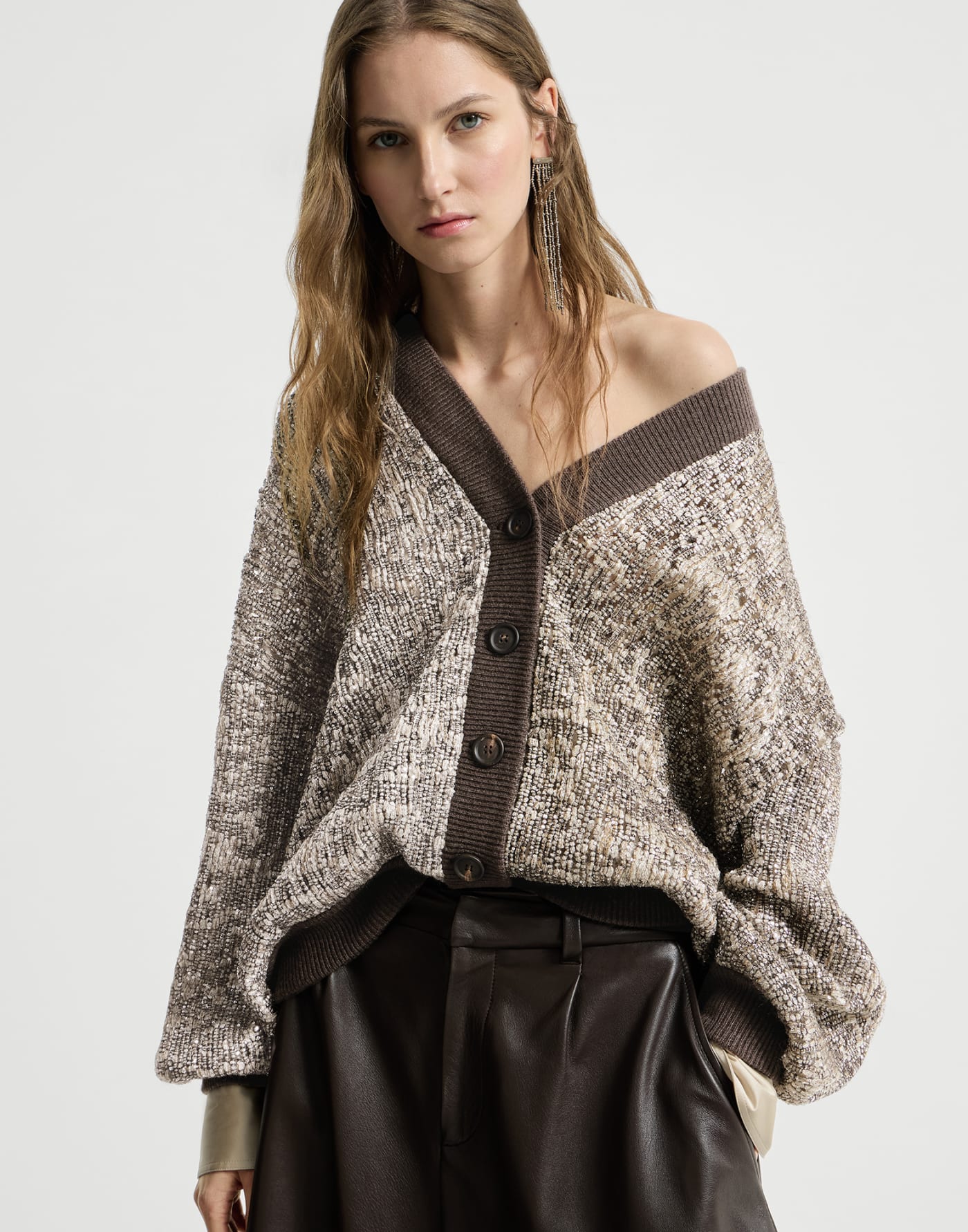 Dazzling Craquelé Embroidery Cardigan Silver Woman - Brunello Cucinelli