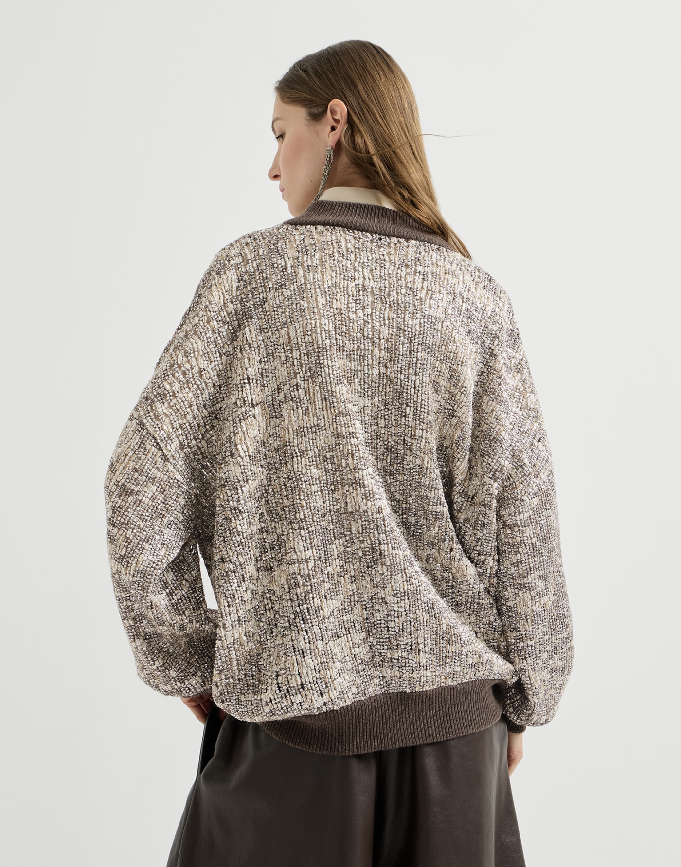 Dazzling Craquelé Embroidery Cardigan Silver Woman - Brunello Cucinelli