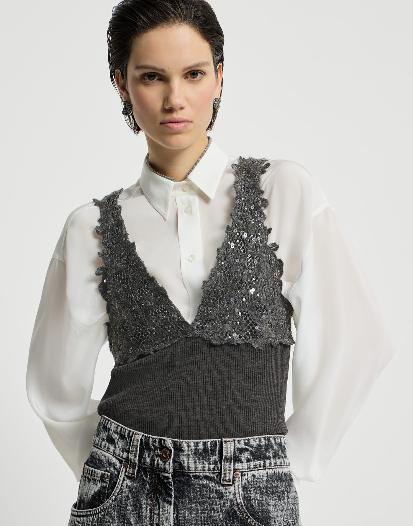 Top with dazzling lace embroidery Lead Woman - Brunello Cucinelli