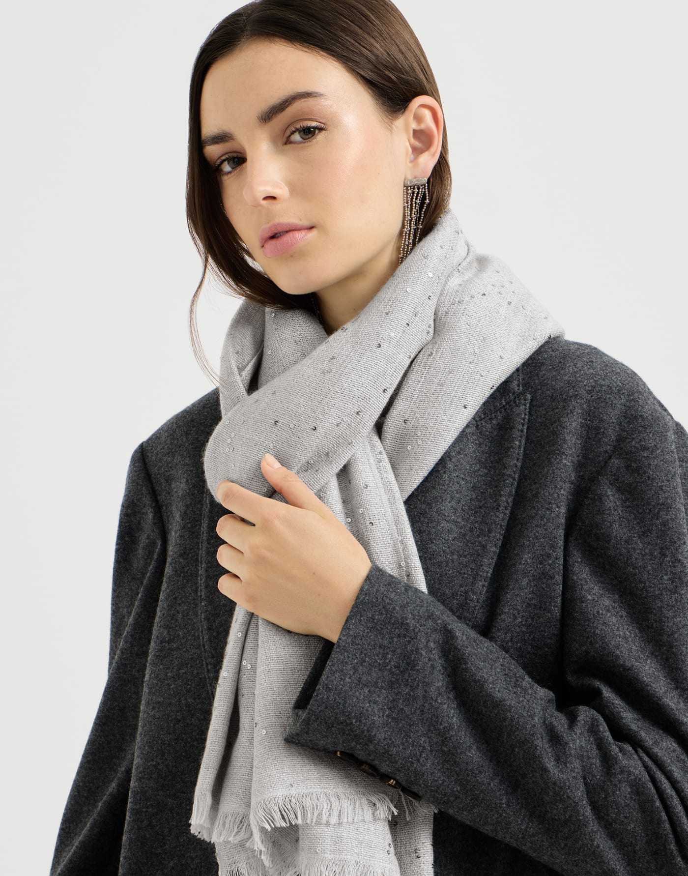 Cashmere and silk Diamond yarn scarf Light Grey Woman - Brunello Cucinelli