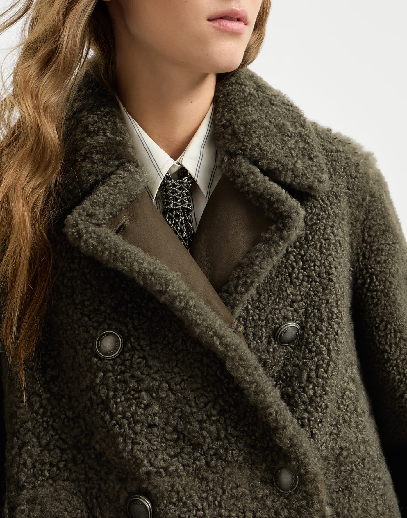 Fuzzy shearling pea coat Green Woman - Brunello Cucinelli