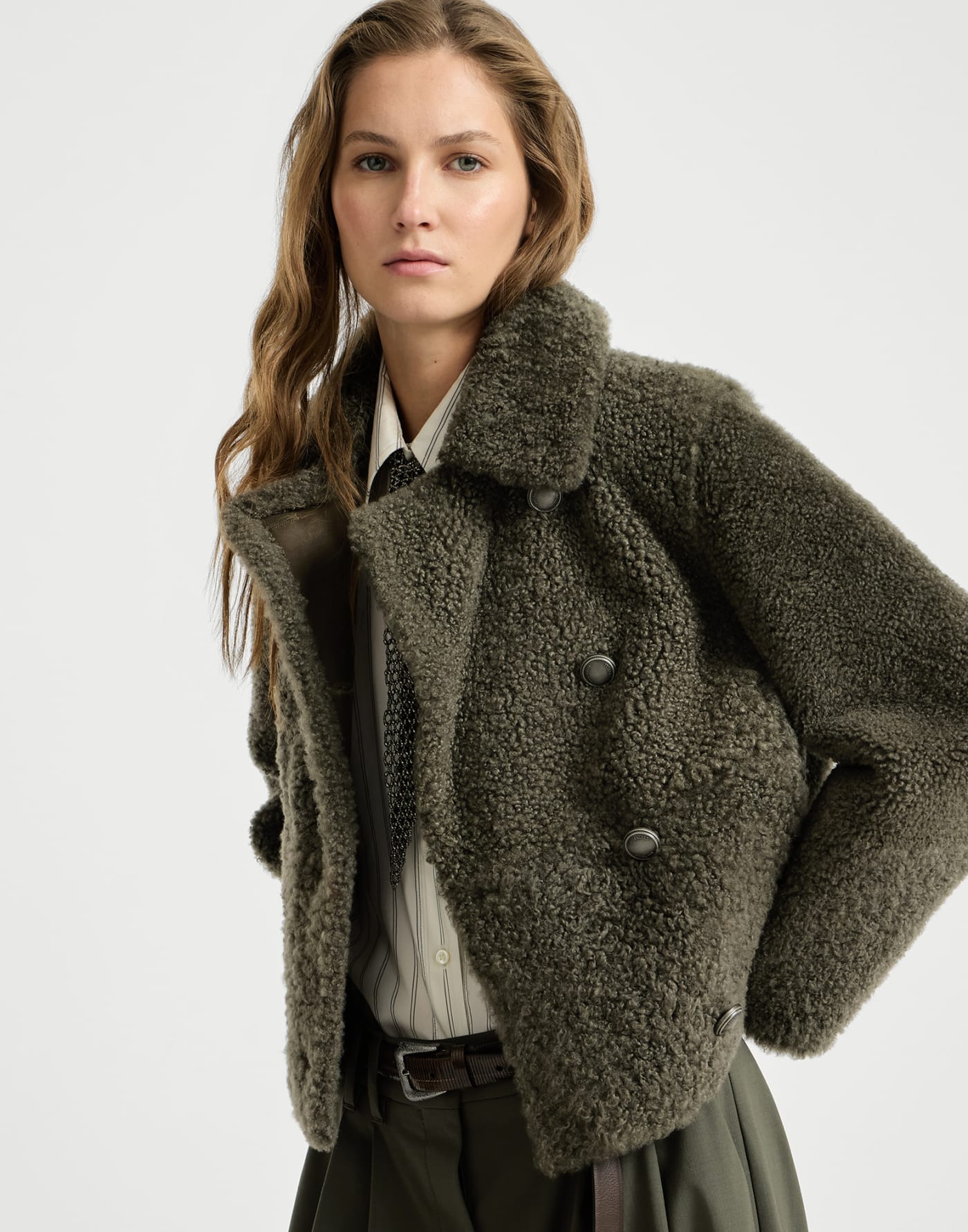 Fuzzy shearling pea coat Green Woman - Brunello Cucinelli