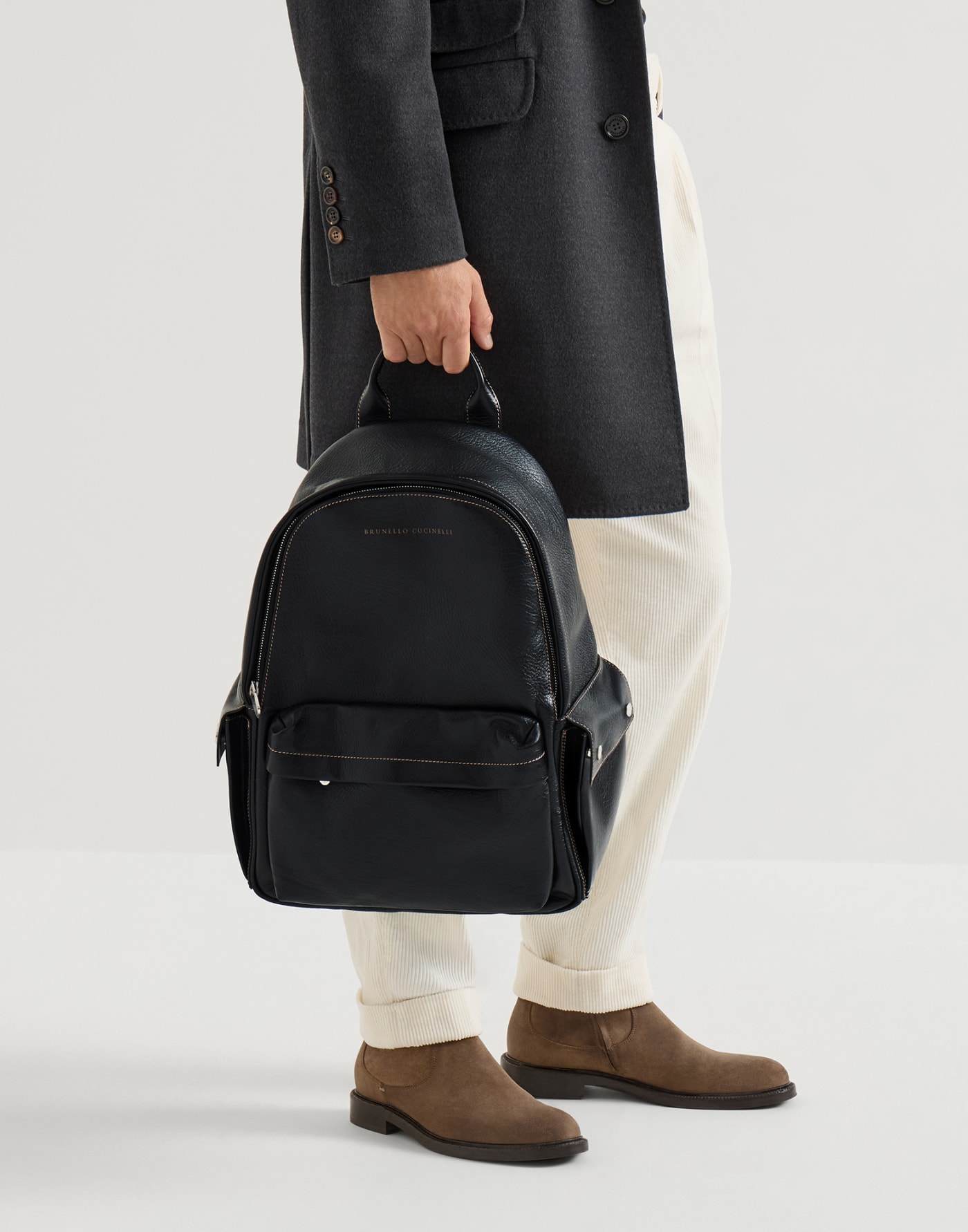 グレインドカーフスキン トラベルバックパック ブラック メンズ - Brunello Cucinelli