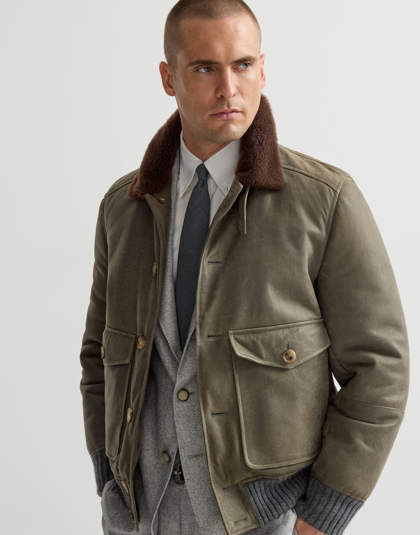 Waxed shearling bomber jacket Military Man - Brunello Cucinelli