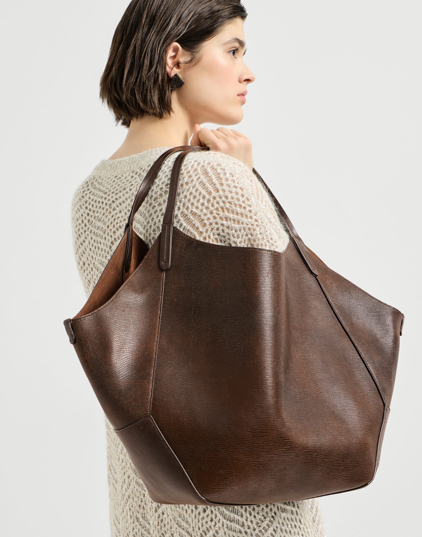 Borsa Duo shopper reversibile effetto lizard Testa di Moro Donna - Brunello Cucinelli