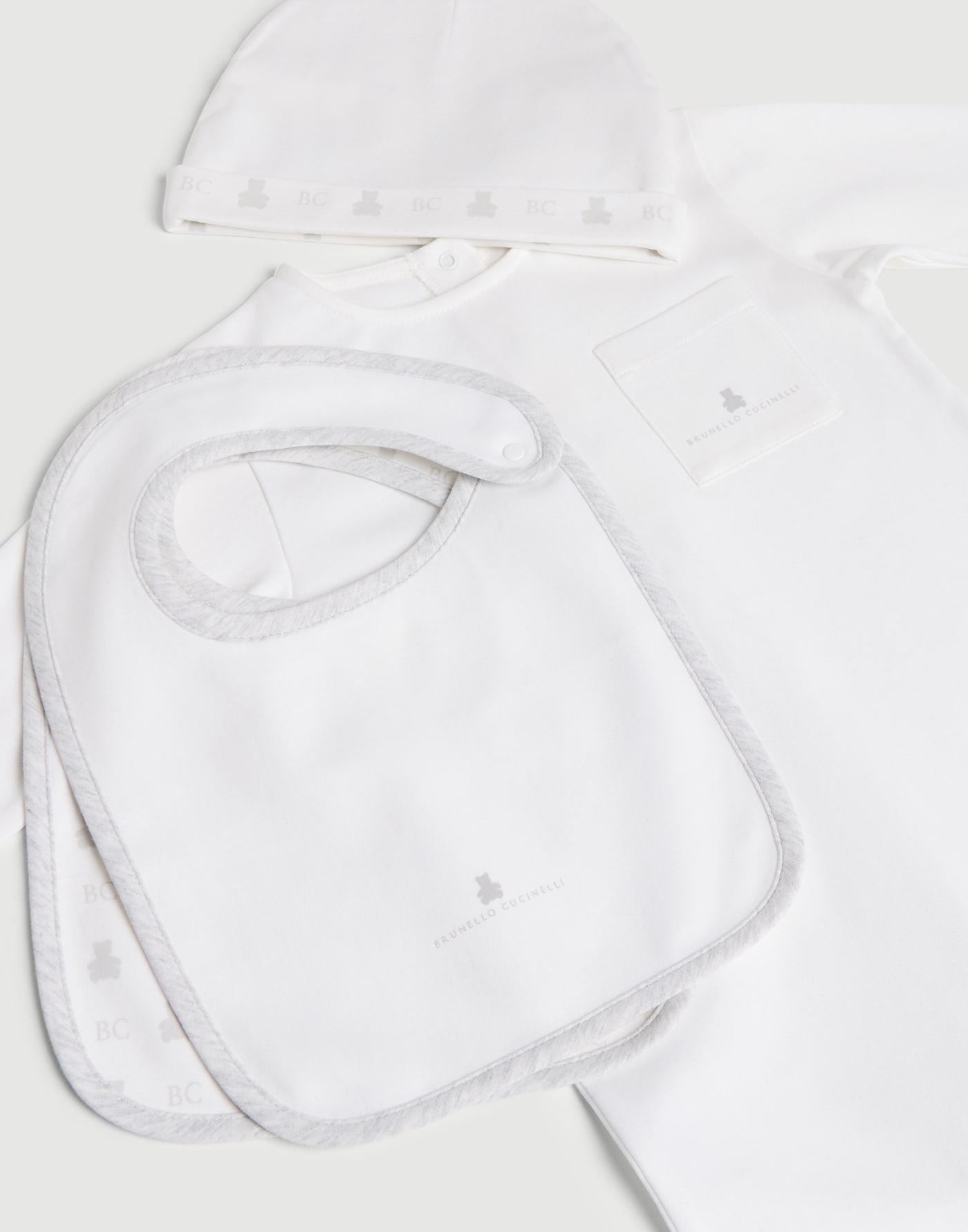 Baby Bernie coverall, beanie and bibs set White Baby - Brunello Cucinelli