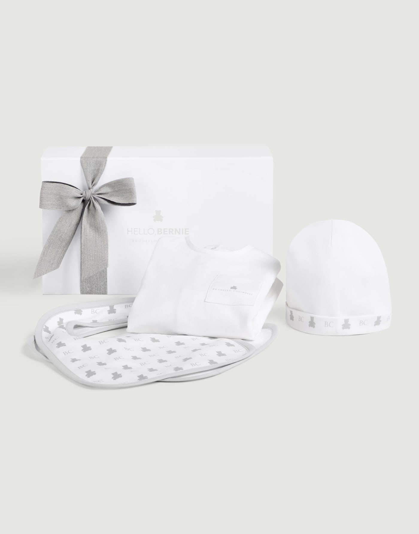Baby Bernie coverall, beanie and bibs set White Baby - Brunello Cucinelli