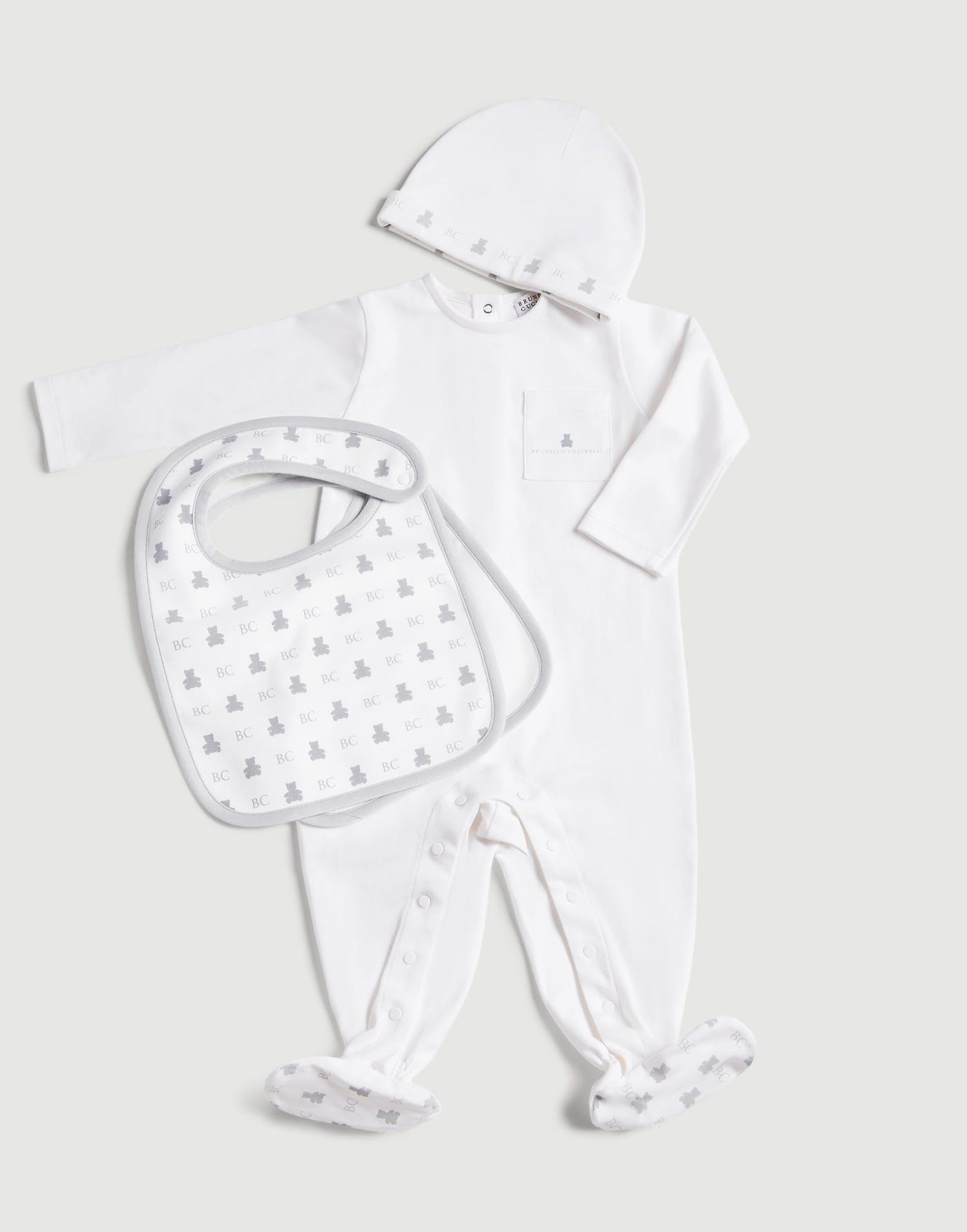 Baby Bernie coverall, beanie and bibs set White Baby - Brunello Cucinelli