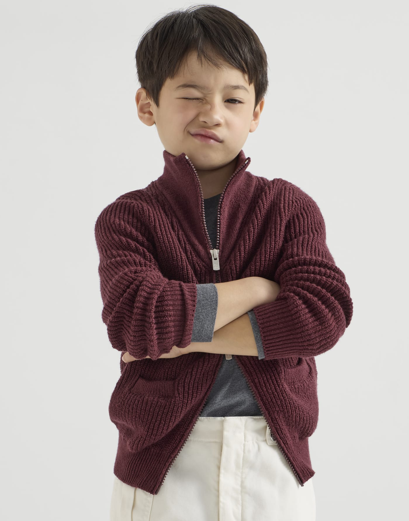 棉質結粒紗拉鍊開襟衫 深紫红色 男童 - Brunello Cucinelli