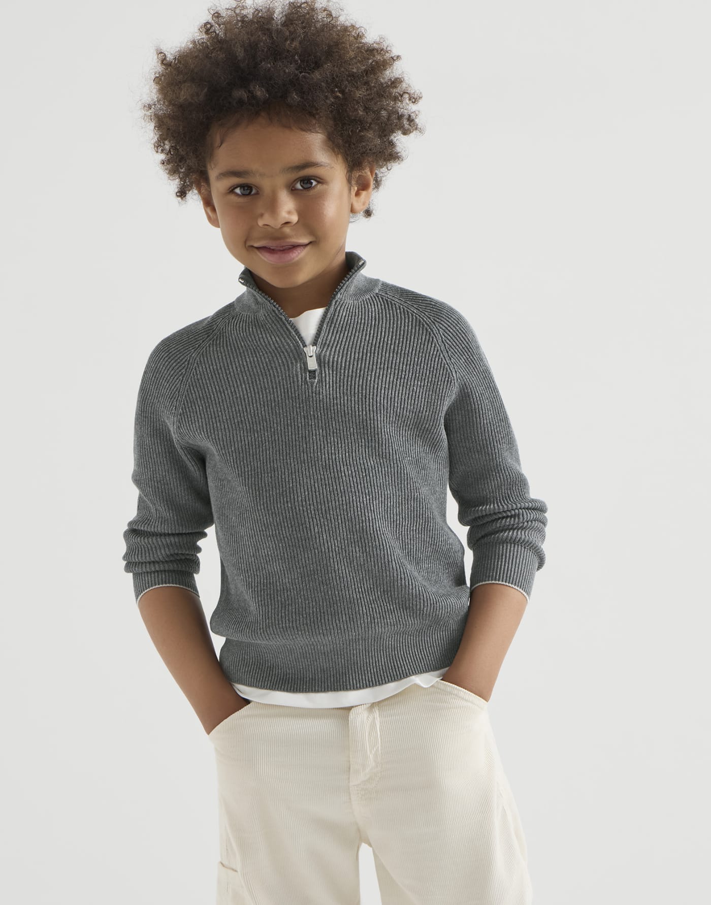 Maglia costa inglese con zip Piombo Bambino - Brunello Cucinelli