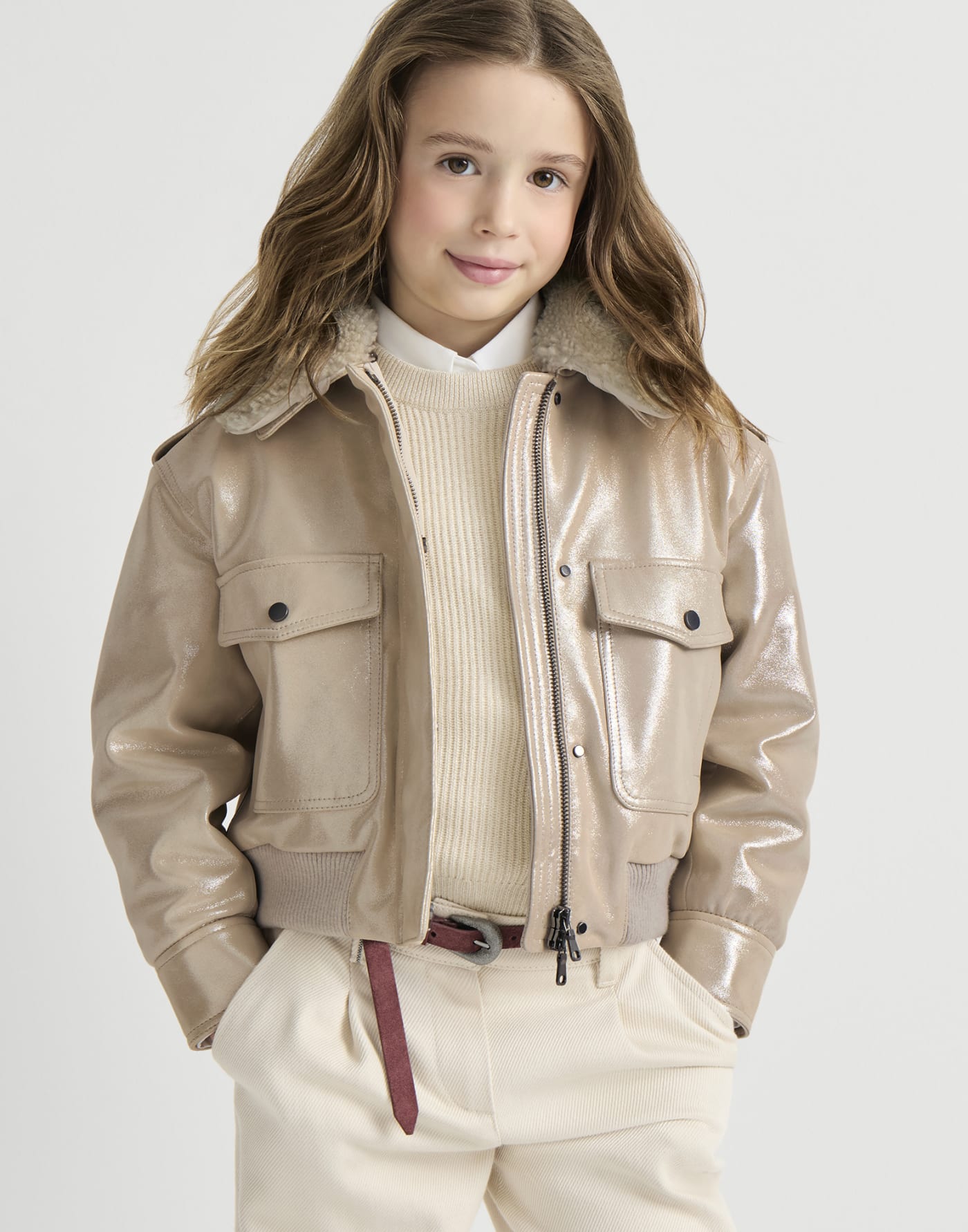 Jacke aus Sparkling-Nappaleder Creme Mädchen - Brunello Cucinelli