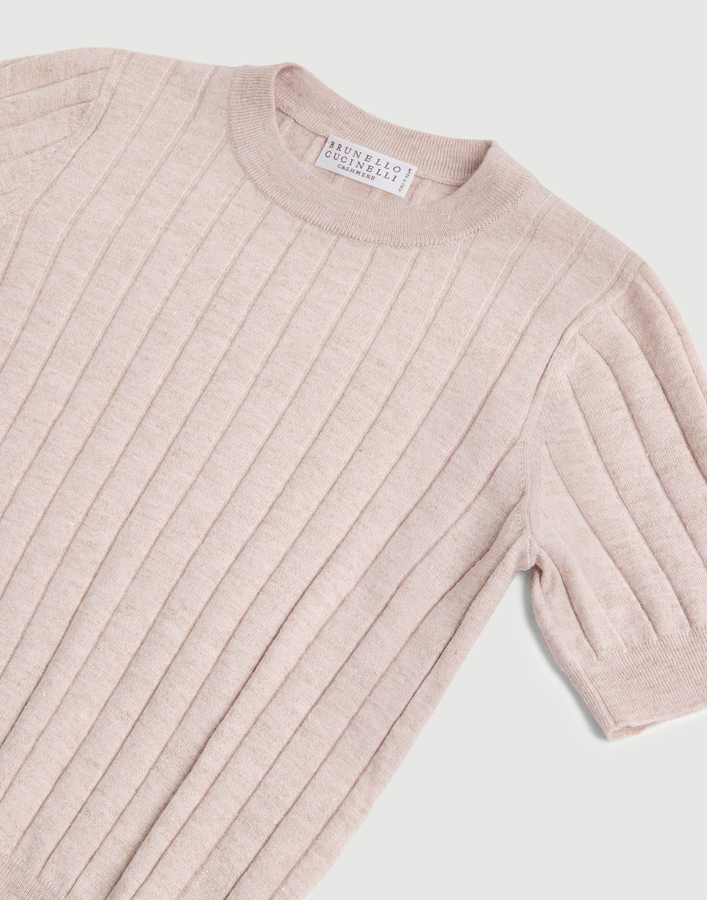 Sparkling cashmere rib knit t-shirt Sand Girls - Brunello Cucinelli