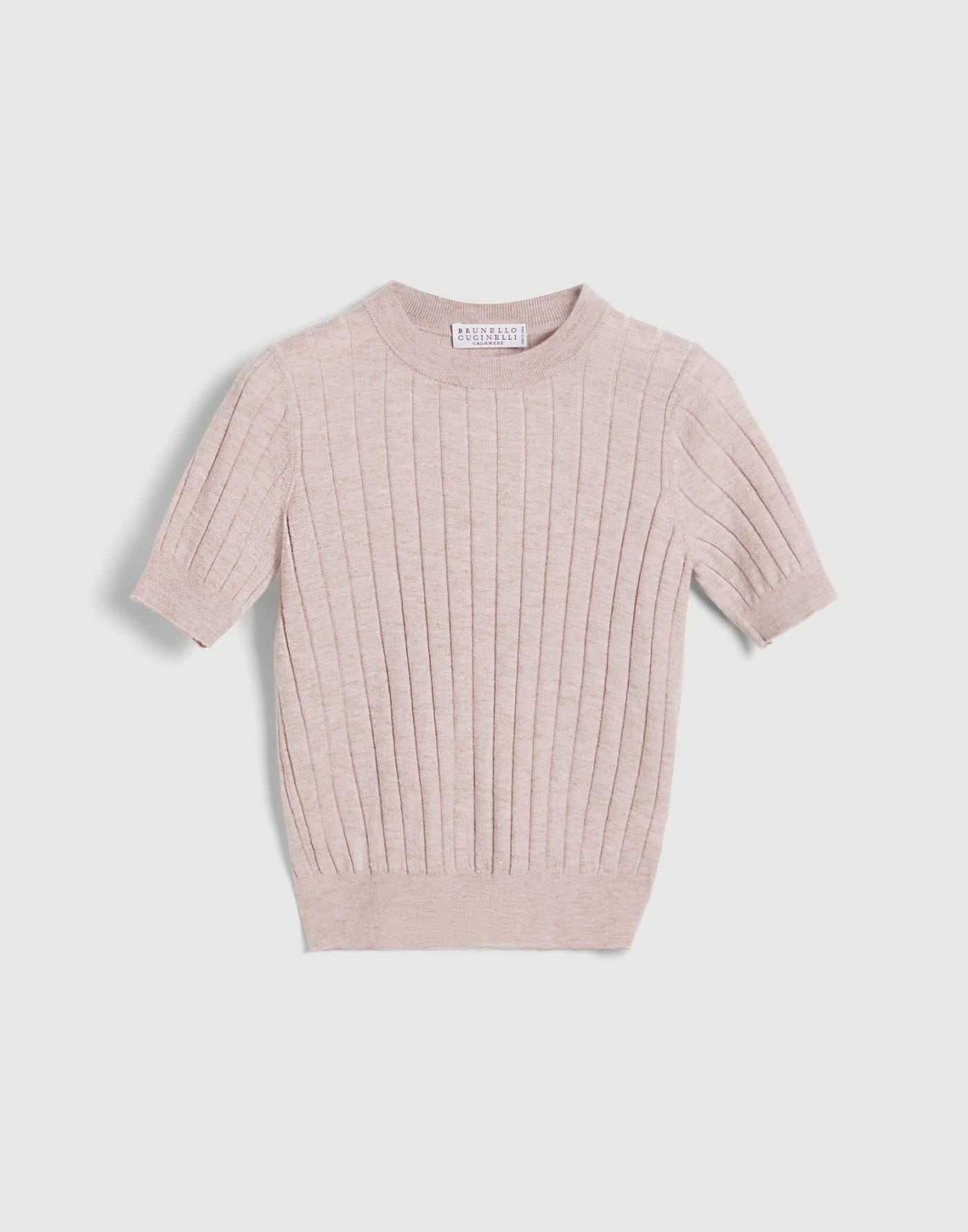 Sparkling cashmere rib knit t-shirt Sand Girls - Brunello Cucinelli
