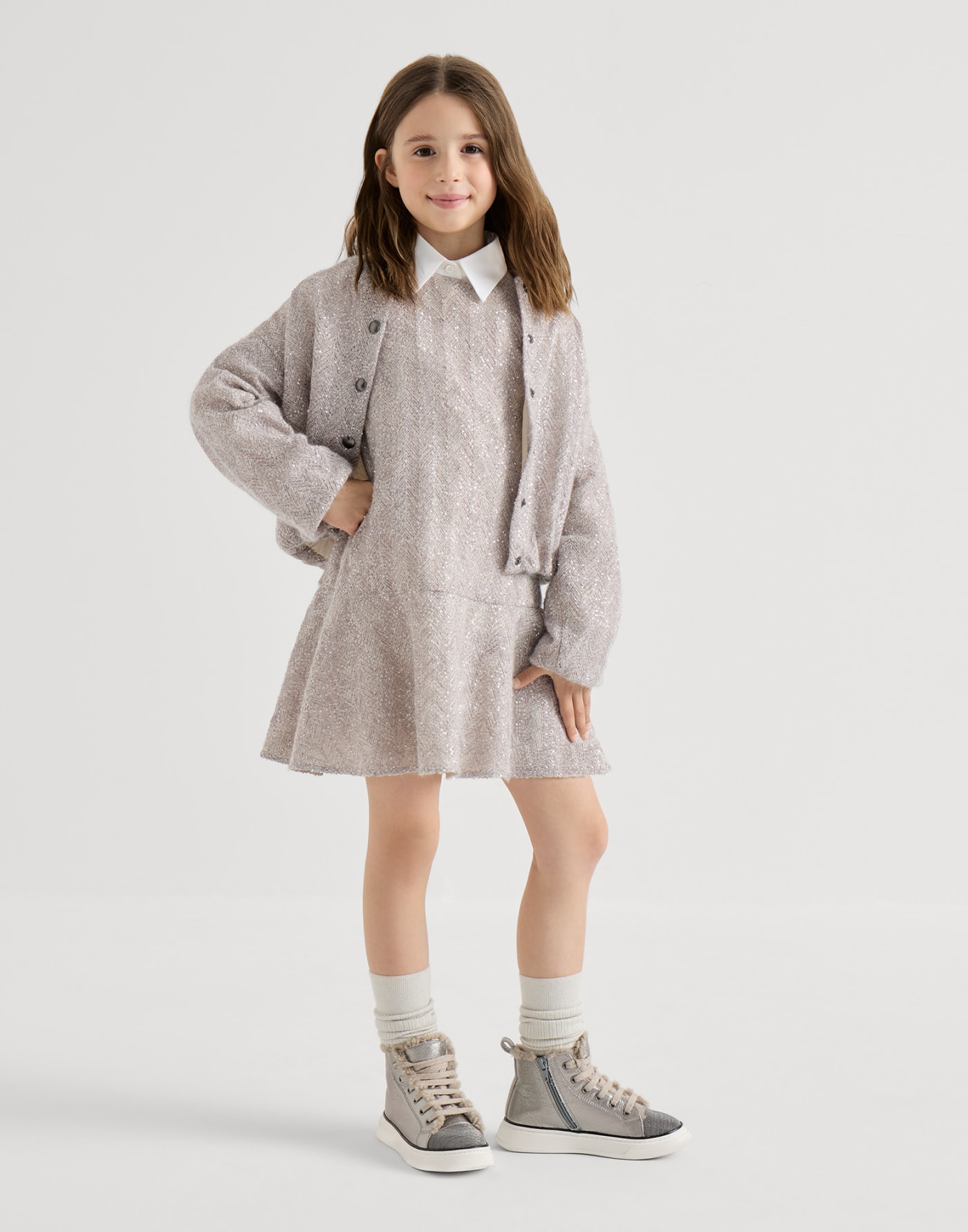 Bluse aus Stretch-Popeline mit Monili Weiß Mädchen - Brunello Cucinelli