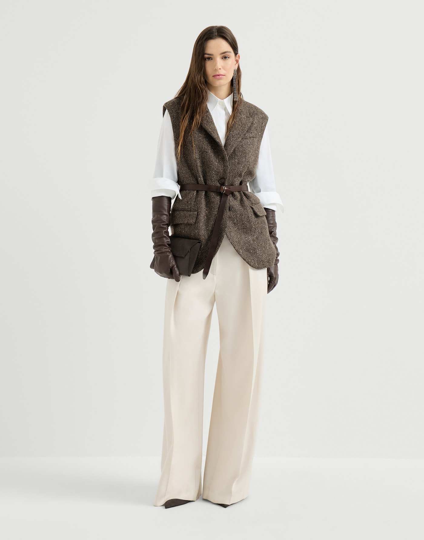 Sparkling chevron vest with belt Pine Cone Brown Woman - Brunello Cucinelli