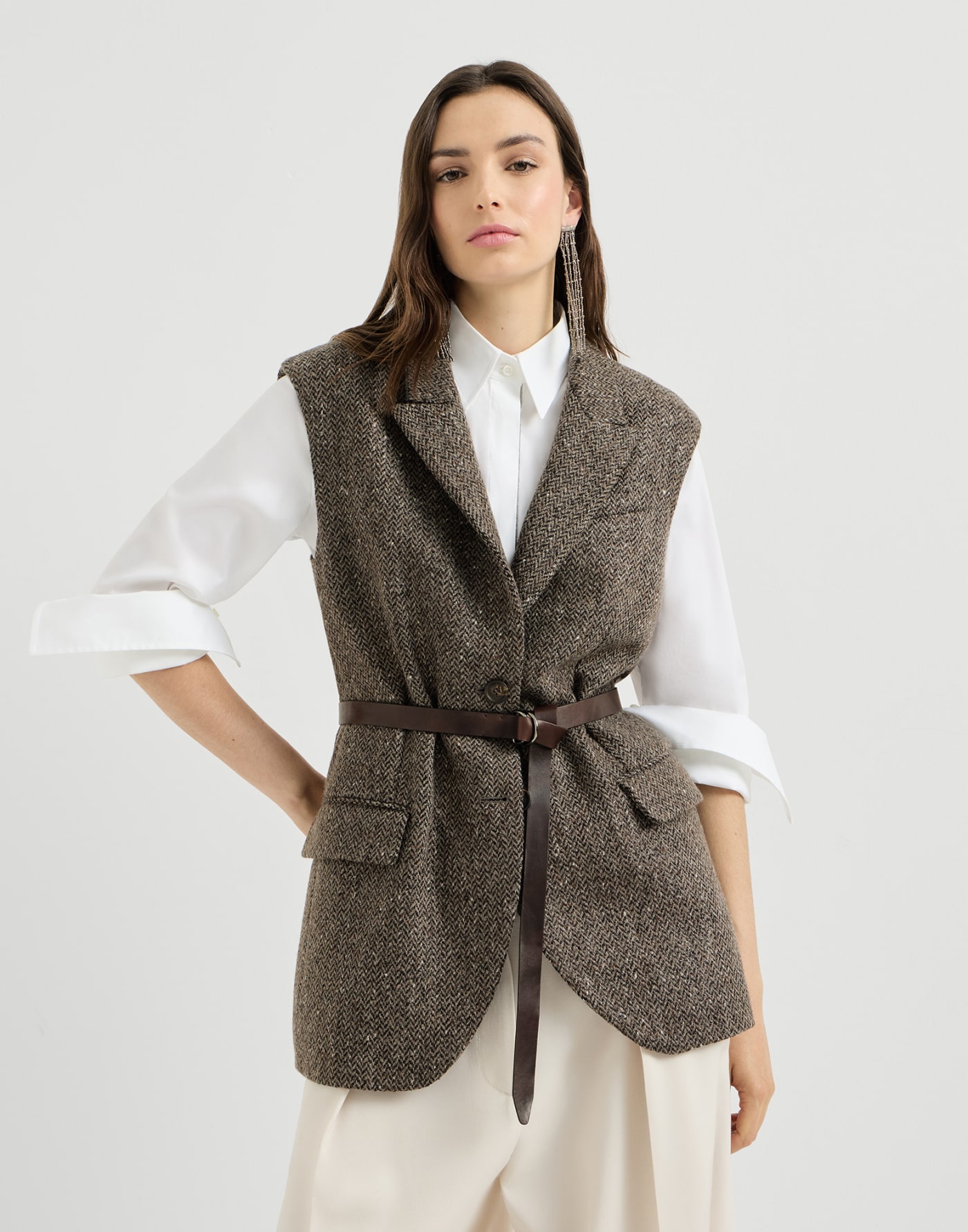 Sparkling chevron vest with belt Pine Cone Brown Woman - Brunello Cucinelli
