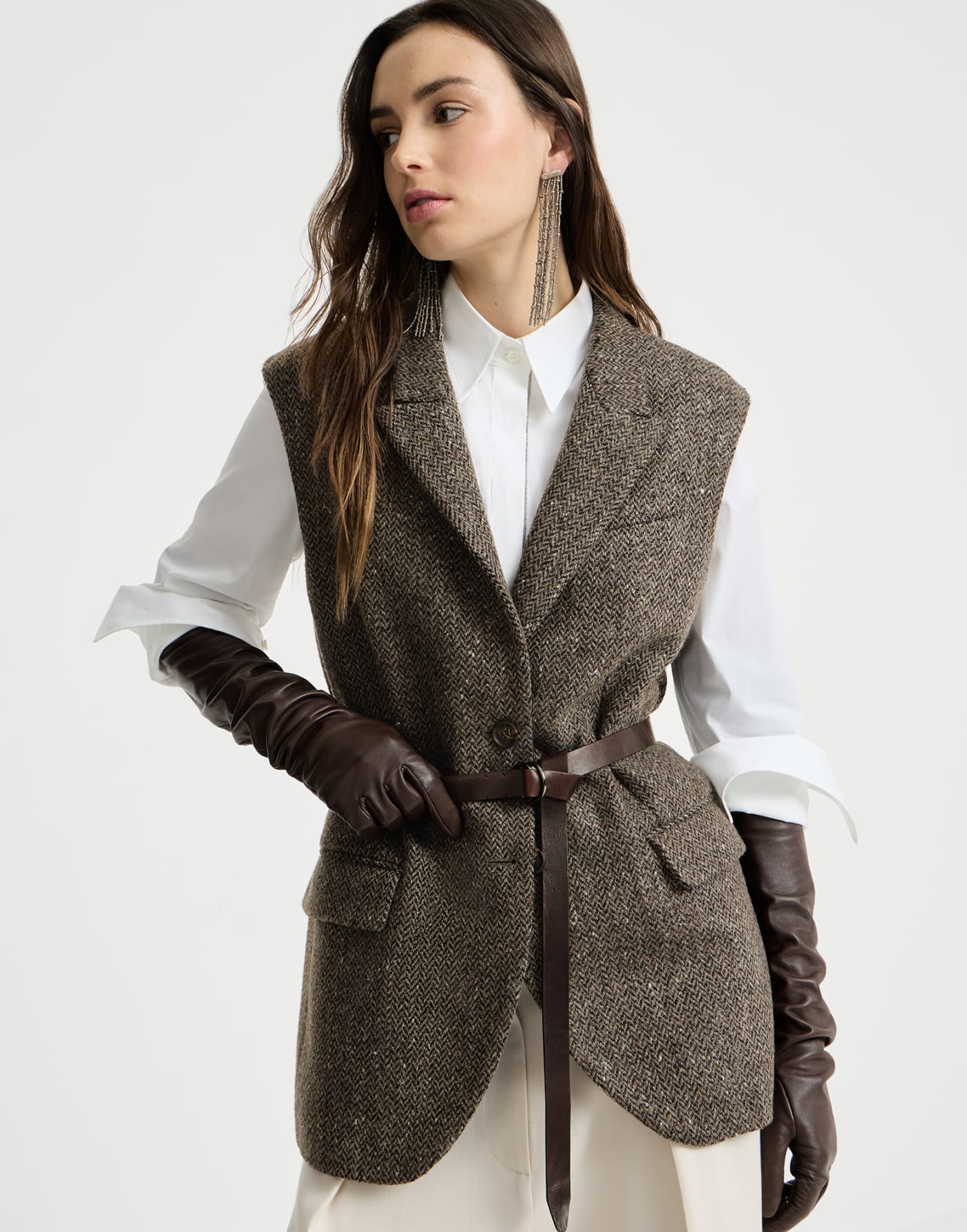 Sparkling chevron vest with belt Pine Cone Brown Woman - Brunello Cucinelli