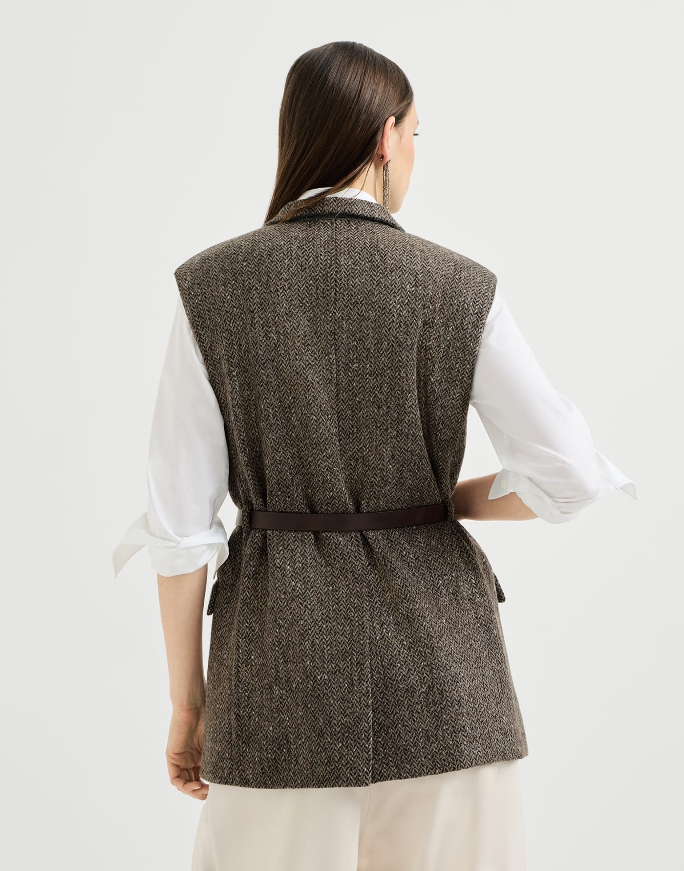 Sparkling chevron vest with belt Pine Cone Brown Woman - Brunello Cucinelli
