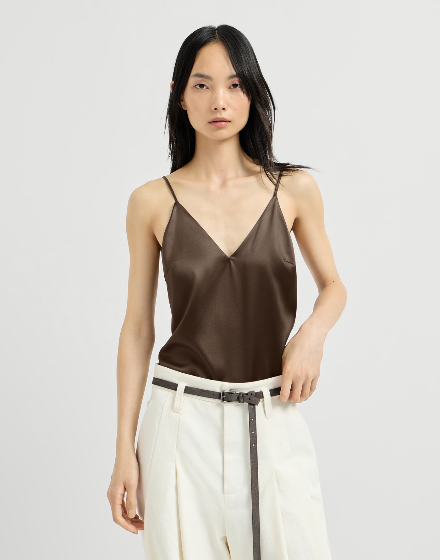 Stretch silk satin camisole Brown Woman - Brunello Cucinelli
