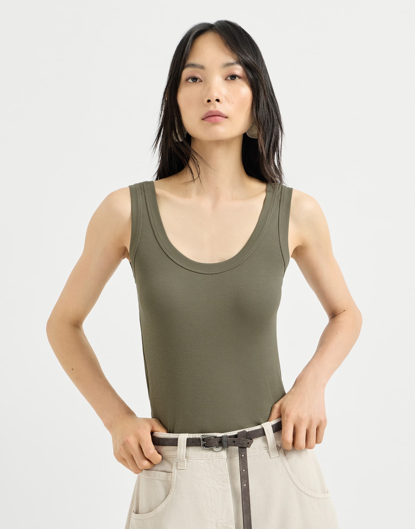 Ribbed jersey top with monili Origano Woman - Brunello Cucinelli