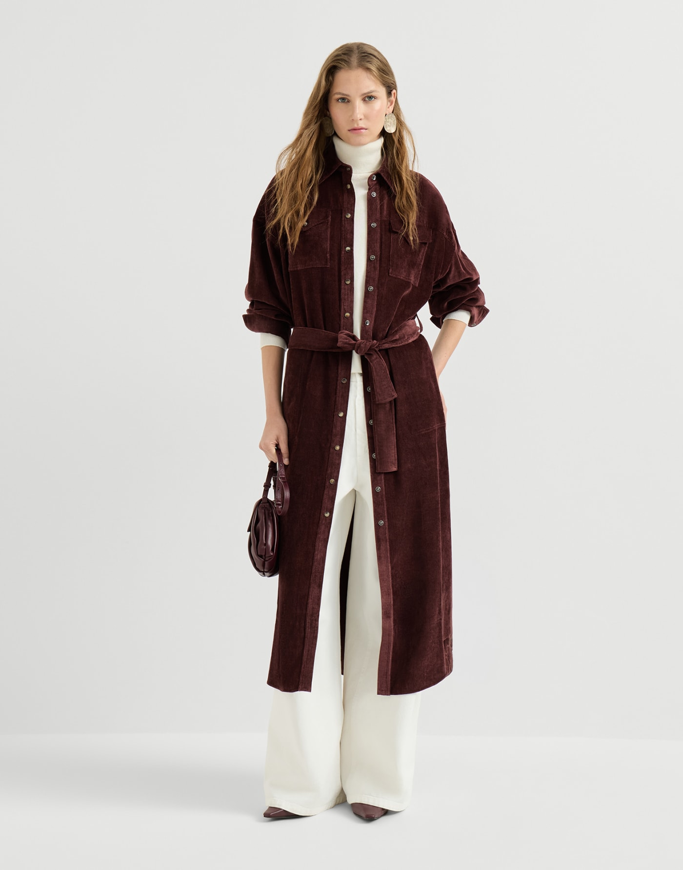 Fluid Corduroy shirt dress Wine Woman - Brunello Cucinelli