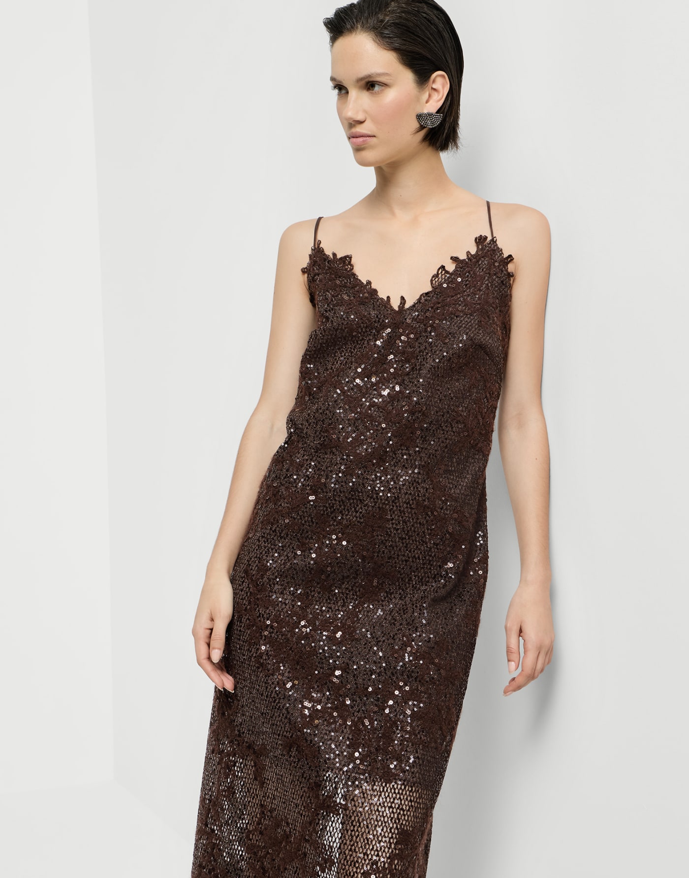 Dazzling lace embroidery dress Brown Gianduia Woman - Brunello Cucinelli