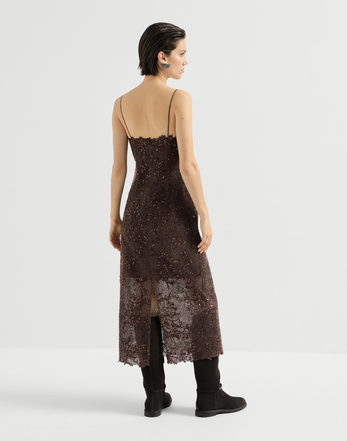 Dazzling lace embroidery dress Brown Gianduia Woman - Brunello Cucinelli