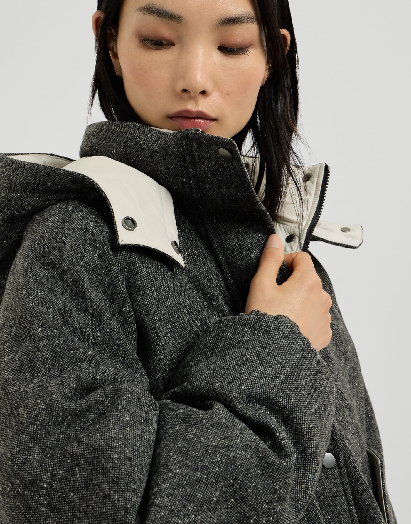 连帽多尼盖尔粗花呢羽绒外套 钢灰色 女款 - Brunello Cucinelli