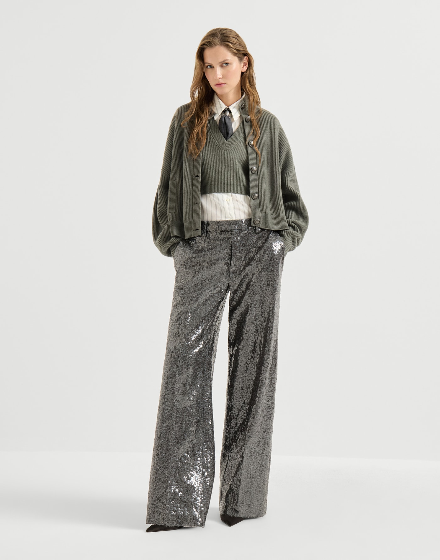 Dazzling texture embroidery trousers Dark Grey Woman - Brunello Cucinelli