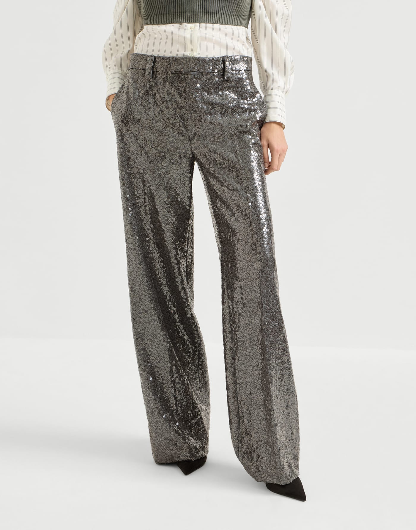 Dazzling texture embroidery trousers Dark Grey Woman - Brunello Cucinelli