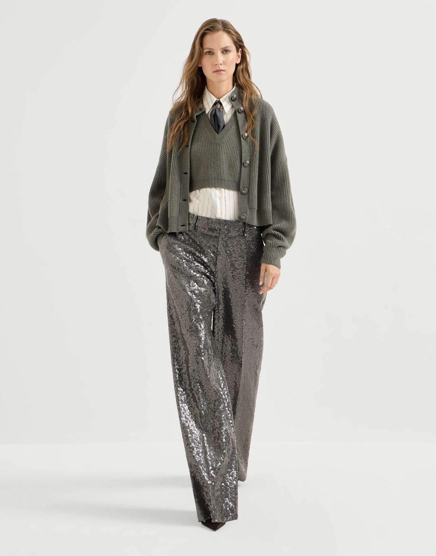 Dazzling texture embroidery trousers Dark Grey Woman - Brunello Cucinelli