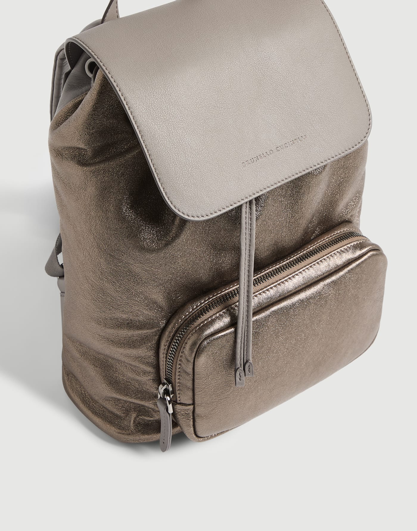 Zaino in vitello lamé e pelle con grana Bronzo Bambina - Brunello Cucinelli