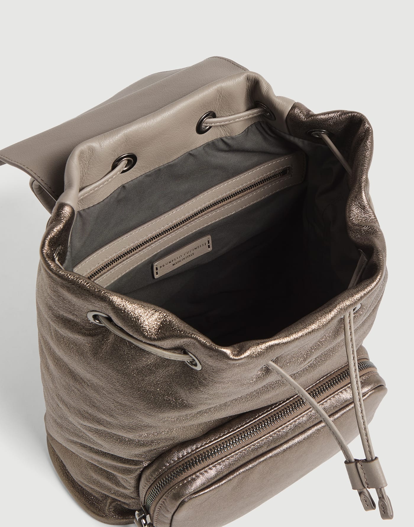 Zaino in vitello lamé e pelle con grana Bronzo Bambina - Brunello Cucinelli