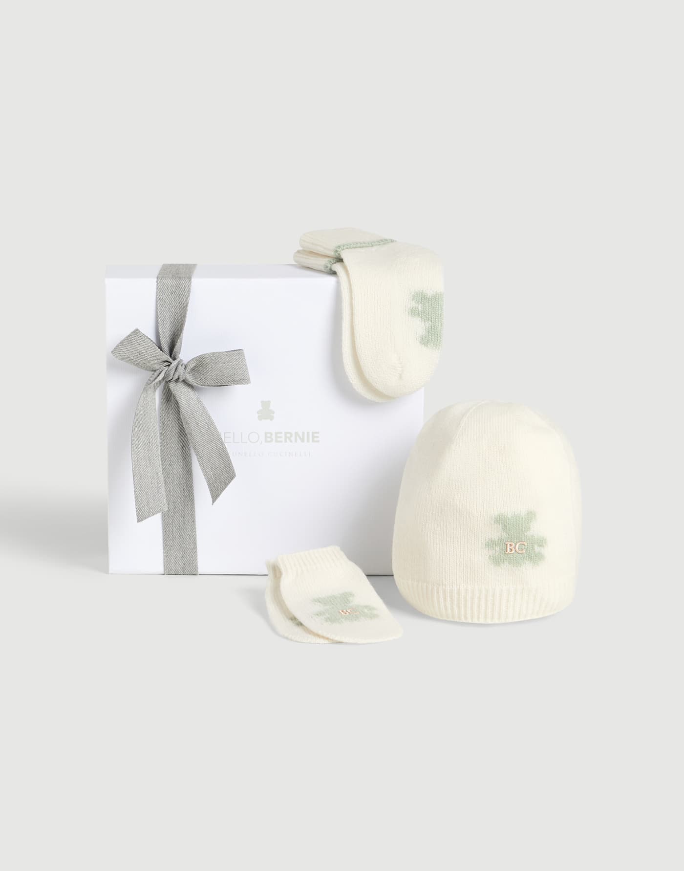 Set de gorro papalina, guantes y calcetines Baby Bernie Blanco / Verde Bebé - Brunello Cucinelli