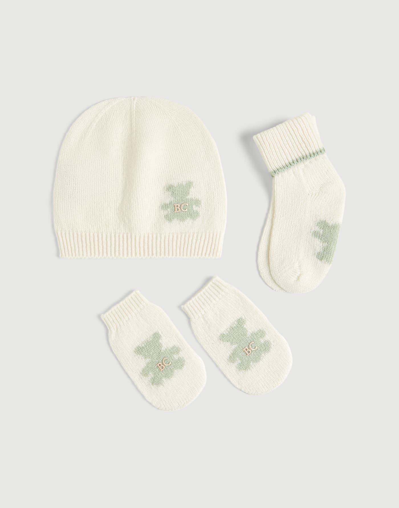 Set de gorro papalina, guantes y calcetines Baby Bernie Blanco / Verde Bebé - Brunello Cucinelli