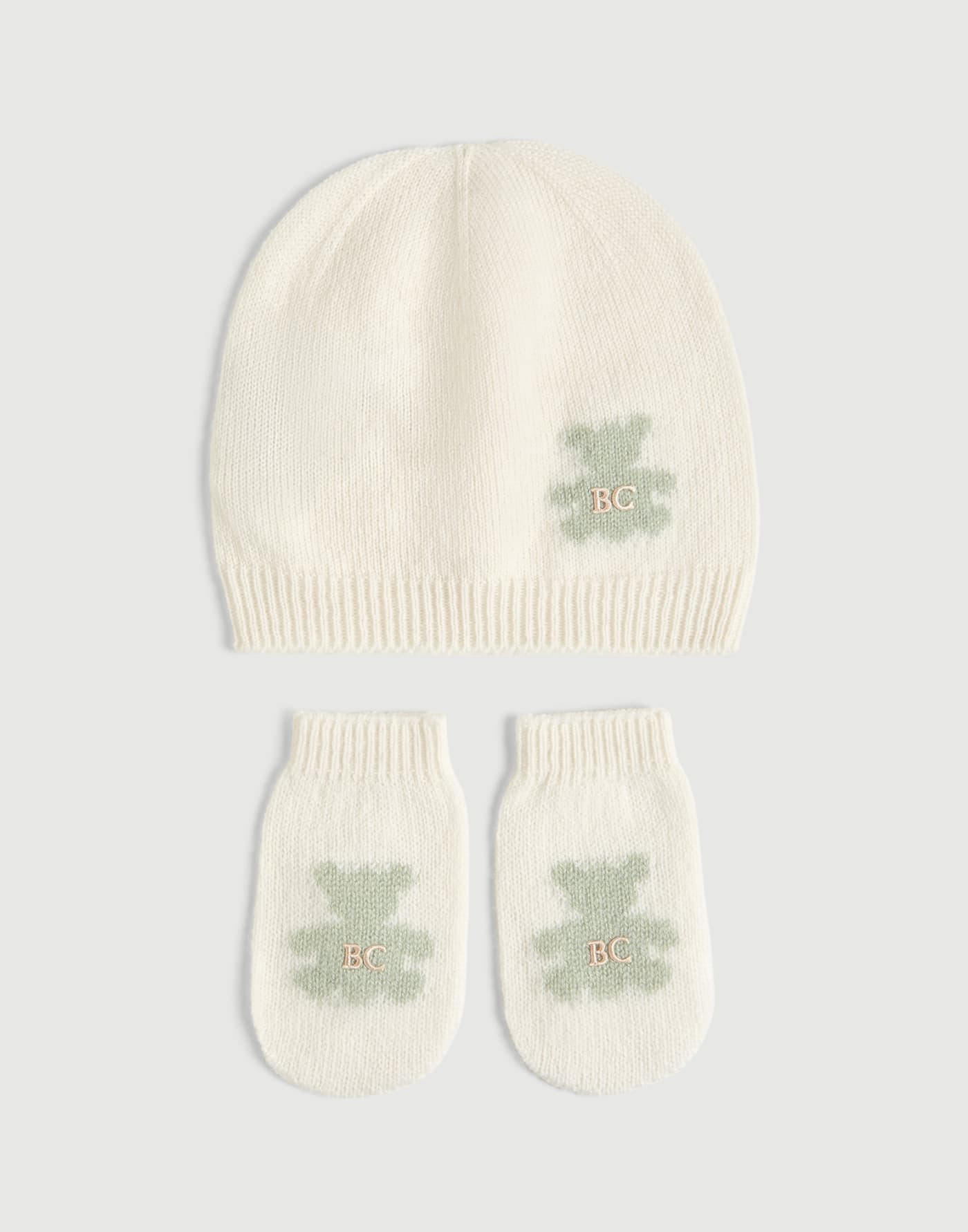 Set de gorro papalina, guantes y calcetines Baby Bernie Blanco / Verde Bebé - Brunello Cucinelli