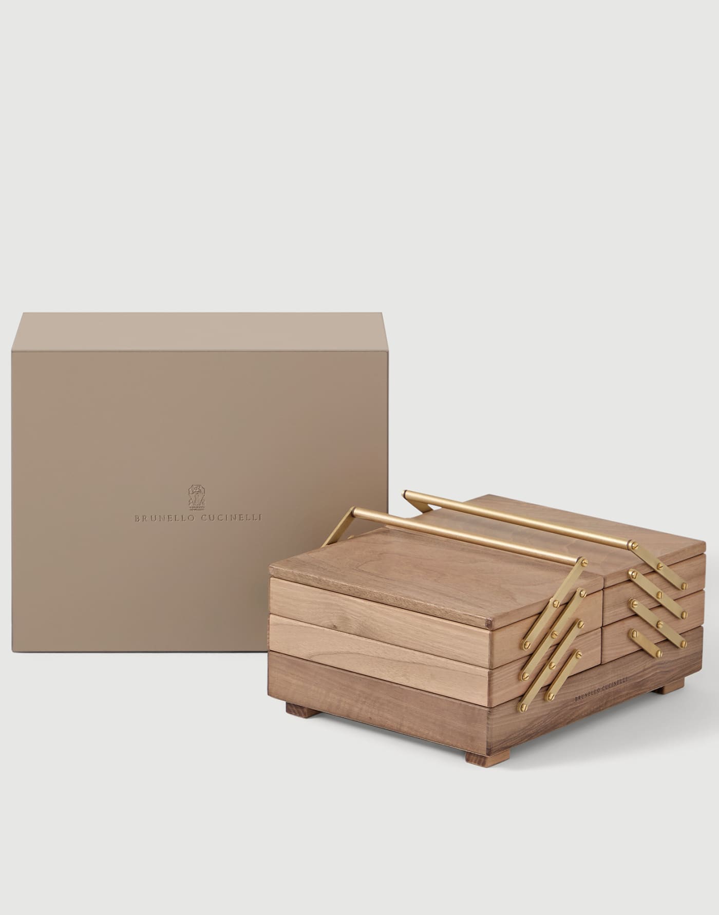 Wood, Krion® and brass Mahjong set Hazelnut Lifestyle - Brunello Cucinelli