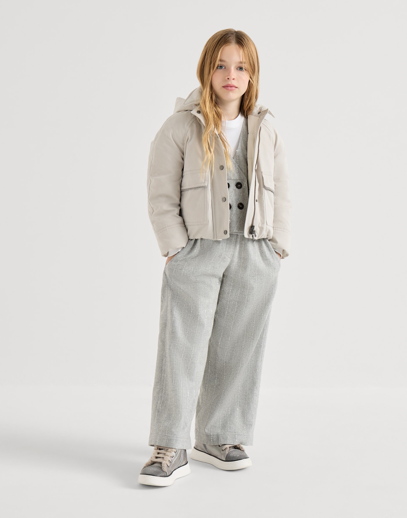 Techno cotton waxed canvas down jacket Sand Girls - Brunello Cucinelli