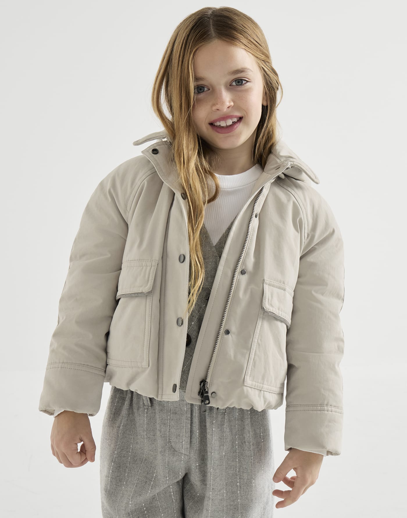 Techno cotton waxed canvas down jacket Sand Girls - Brunello Cucinelli