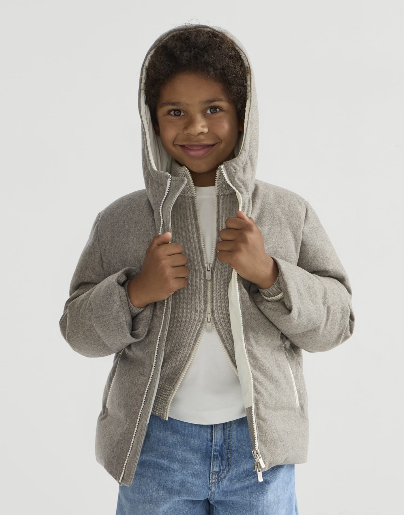 Virgin wool flannel down jacket Stone Grey Boys - Brunello Cucinelli