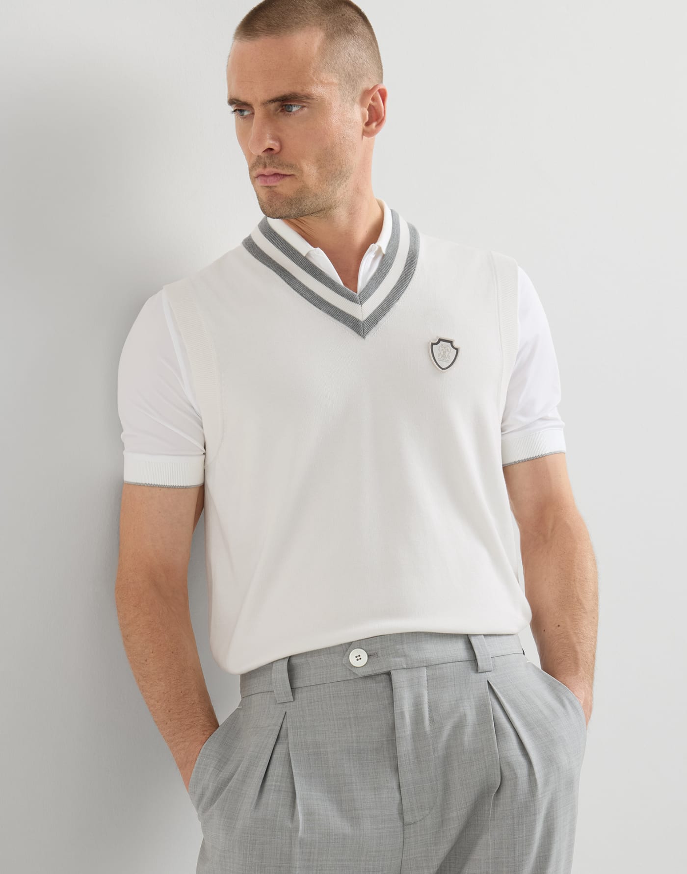 Cotton knit vest with logo Panama Man - Brunello Cucinelli