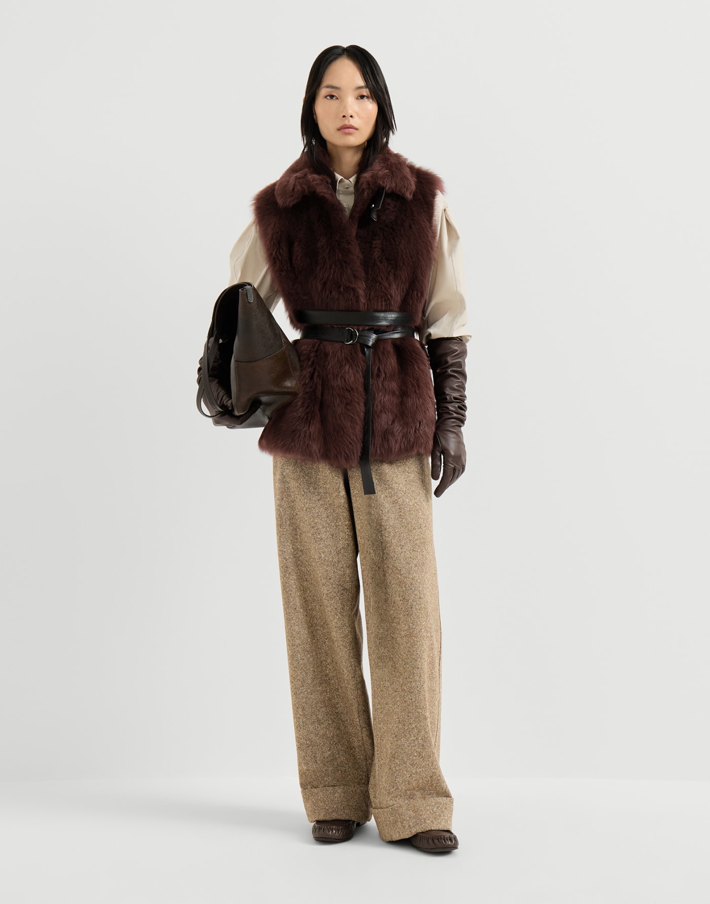 Lux shearling vest with belt Burgundy Woman - Brunello Cucinelli