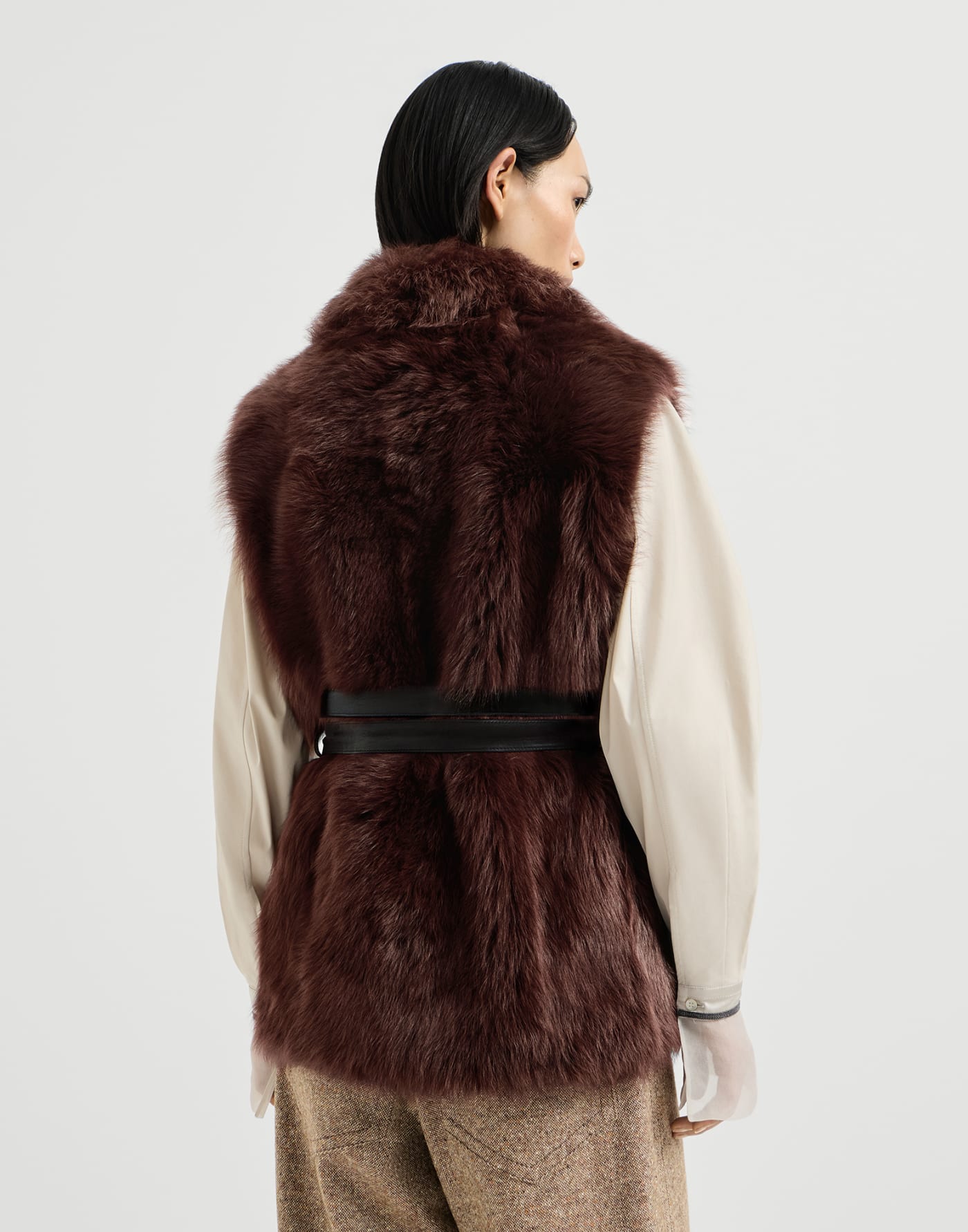 Lux shearling vest with belt Burgundy Woman - Brunello Cucinelli
