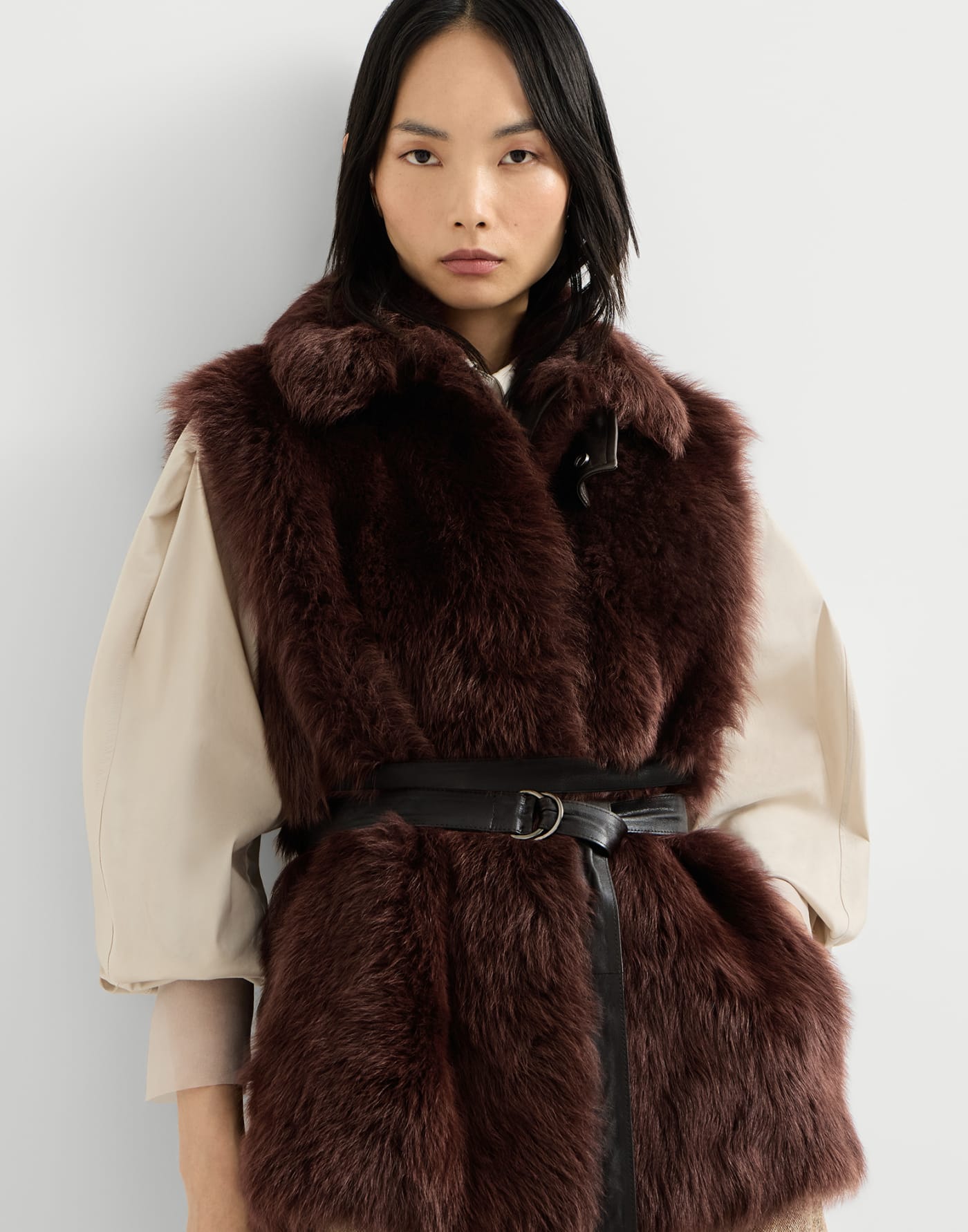 Lux shearling vest with belt Burgundy Woman - Brunello Cucinelli