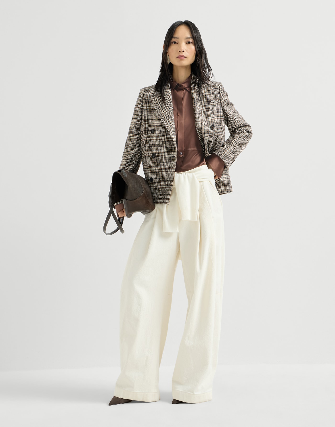 Stretch silk satin shirt Brown Woman - Brunello Cucinelli