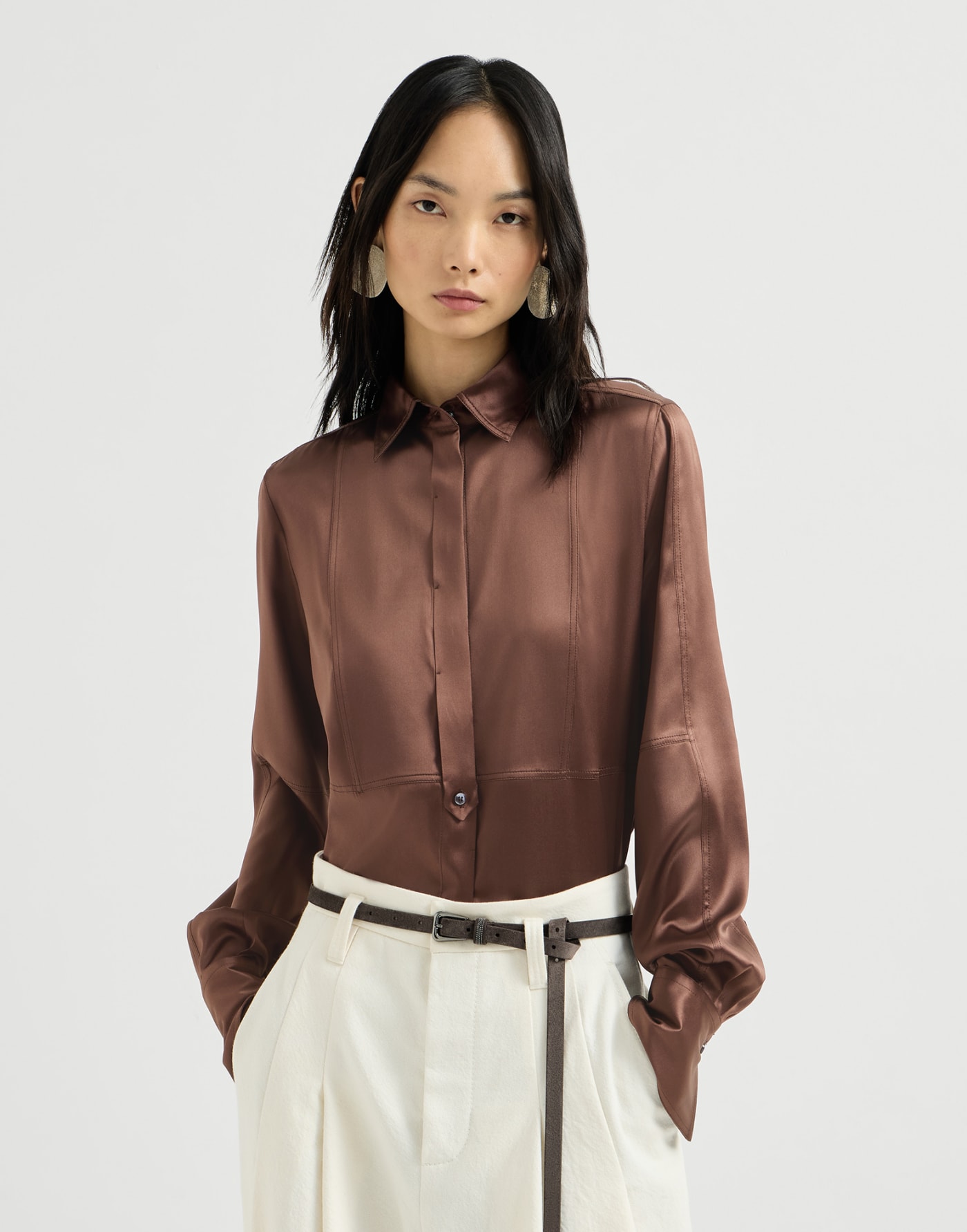 Stretch silk satin shirt Brown Woman - Brunello Cucinelli